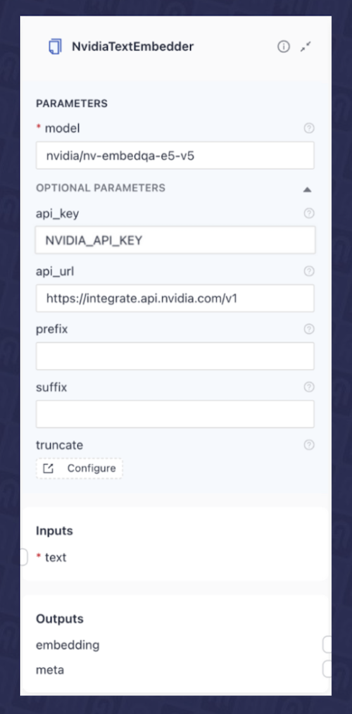 Fig. 3 - NvidiaTextEmbedder configuration in the deepset Studio.